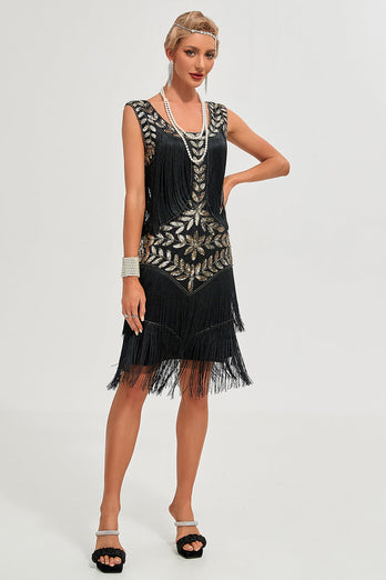 Black Gatsby 1920s Flapper Dress with Sequins and Fringes