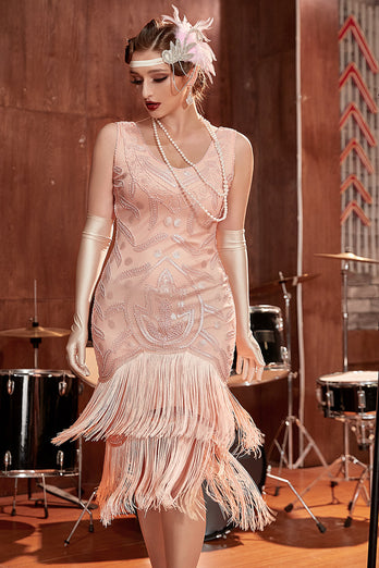 Blush Sequins 1920s Flapper Gatsby Dress with Fringes