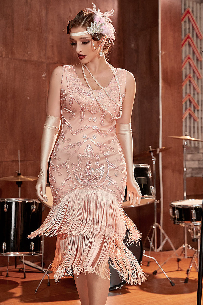 Load image into Gallery viewer, Blush Sequins 1920s Flapper Gatsby Dress with Fringes