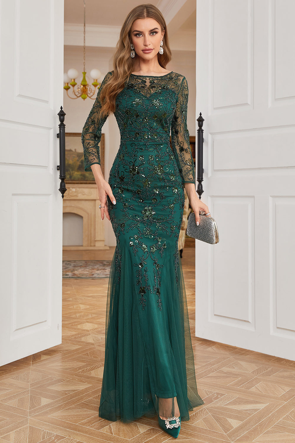 Dark Green Long Sleeves Beading Prom Dress