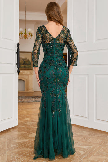 Dark Green Long Sleeves Beading Prom Dress