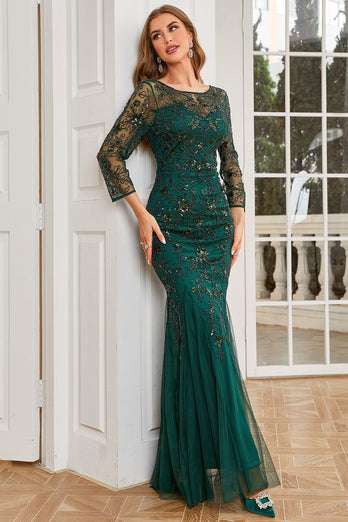 Dark Green Long Sleeves Beading Prom Dress