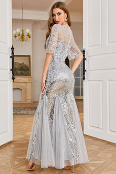 Sparkly Round Neck Grey Sequins Long Prom Dress with Sleeves