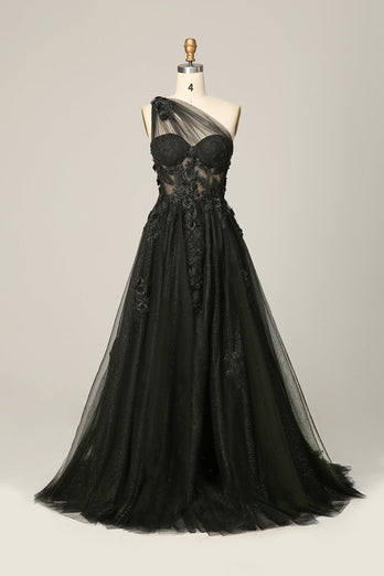 A Line One Shoulder Black Long Prom Dress with Appliques