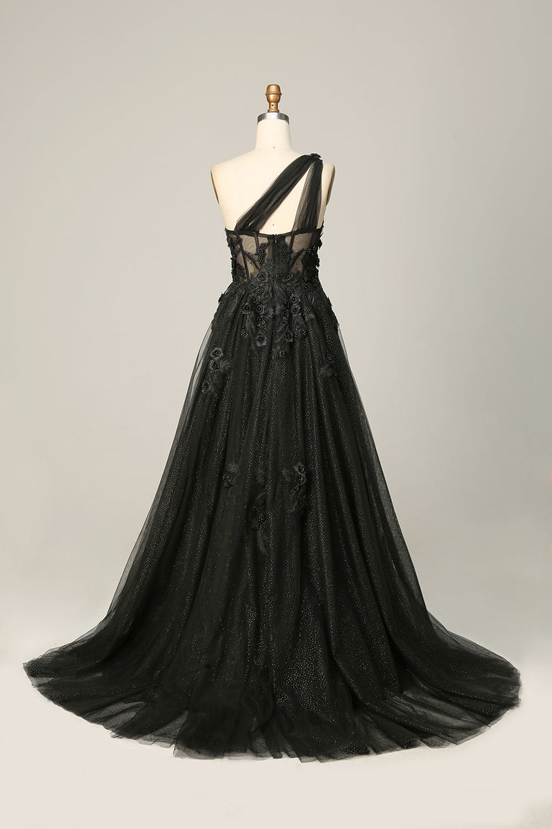 Load image into Gallery viewer, A Line One Shoulder Black Long Prom Dress with Appliques