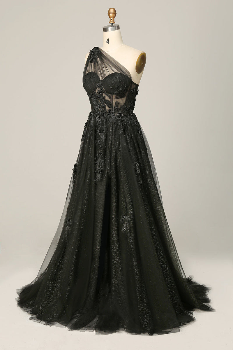 Load image into Gallery viewer, A Line One Shoulder Black Long Prom Dress with Appliques