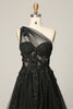 Load image into Gallery viewer, A Line One Shoulder Black Long Prom Dress with Appliques