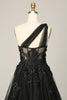 Load image into Gallery viewer, A Line One Shoulder Black Long Prom Dress with Appliques