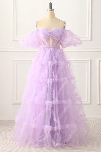 A-line Off the Shoulder Tulle Lavender Long Prom Dress