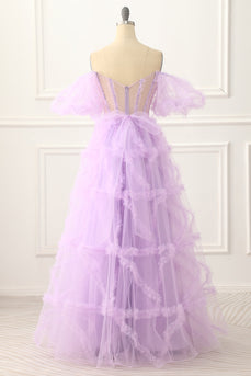 A-line Off the Shoulder Tulle Lavender Long Prom Dress