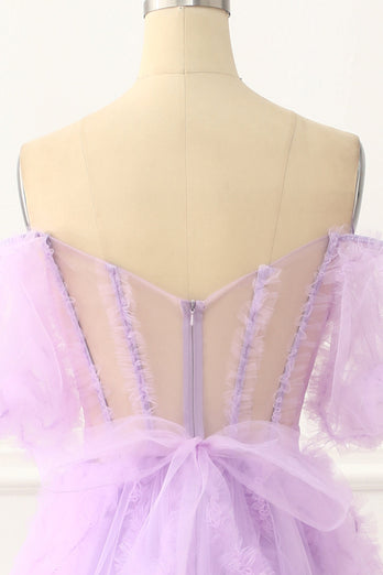 A-line Off the Shoulder Tulle Lavender Long Prom Dress