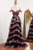 Load image into Gallery viewer, Sparkly Black Pink Tiered A-Line Long Prom Dress with Lace