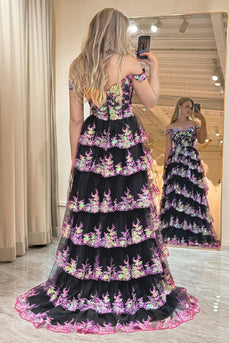 Sparkly Black Pink Tiered A-Line Long Prom Dress with Lace