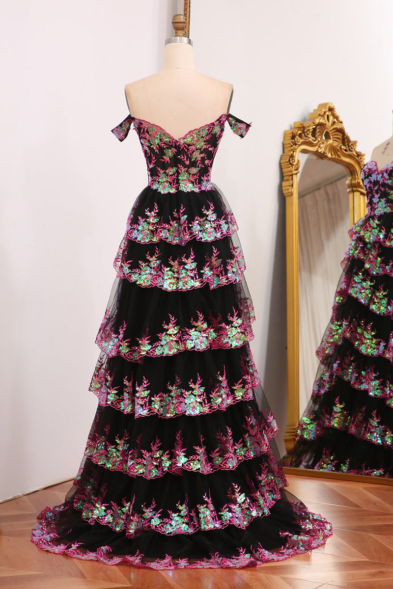 Load image into Gallery viewer, Sparkly Black Pink Tiered A-Line Long Prom Dress with Lace