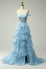 Load image into Gallery viewer, A-Line Off the Shoulder Blue Long Prom Dress with Appliques