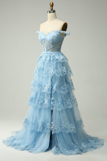 A-Line Off the Shoulder Blue Long Prom Dress with Appliques