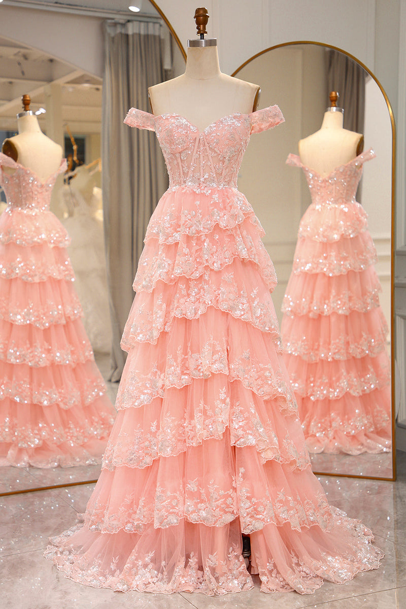 Load image into Gallery viewer, Glitter Blush Tiered A-Line Long Prom Dress with Lace