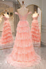 Load image into Gallery viewer, Glitter Blush Tiered A-Line Long Prom Dress with Lace