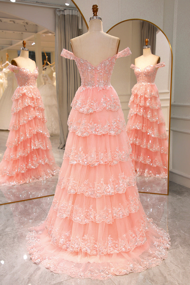 Load image into Gallery viewer, Glitter Blush Tiered A-Line Long Prom Dress with Lace