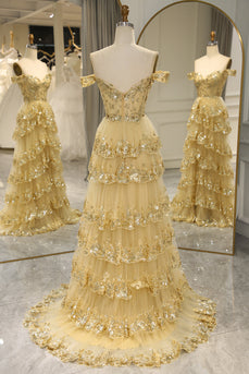 Glitter Golden Tiered A-Line Long Prom Dress with Lace