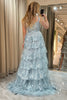 Load image into Gallery viewer, Sparkly Silver Tiered A-Line Long Prom Dress with Lace