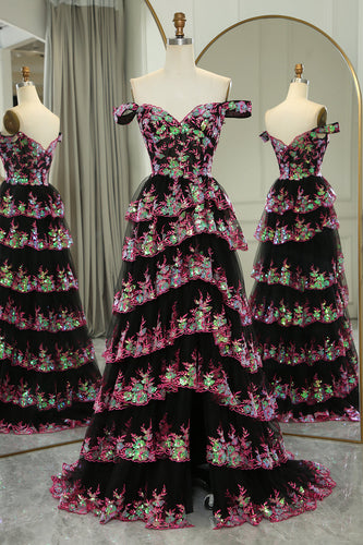 Glitter Black Pink A-Line Tiered Long Prom Dress With Lace