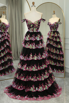 Glitter Black Pink A-Line Tiered Long Prom Dress With Lace