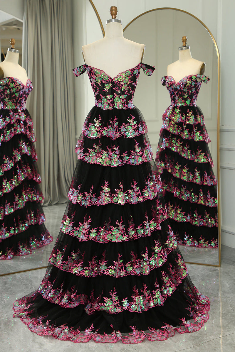 Load image into Gallery viewer, Glitter Black Pink A-Line Tiered Long Prom Dress With Lace