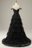 Load image into Gallery viewer, Sparkly Black Off The Shoulder Tiered Corset Prom Dress