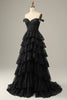 Load image into Gallery viewer, Sparkly Black Off The Shoulder Tiered Corset Prom Dress