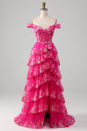 Off The Shoulder Fuchsia Prom Dress with Sequins