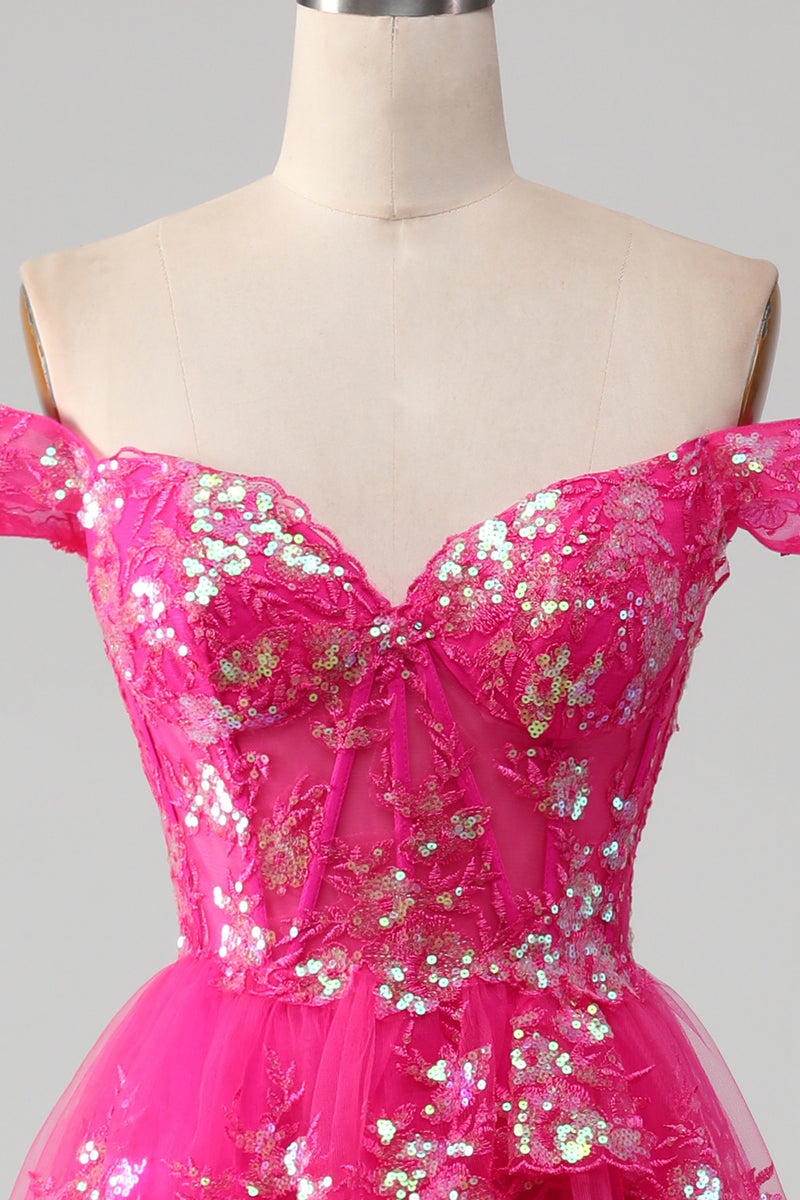 Load image into Gallery viewer, Off The Shoulder Fuchsia Prom Dress with Sequins