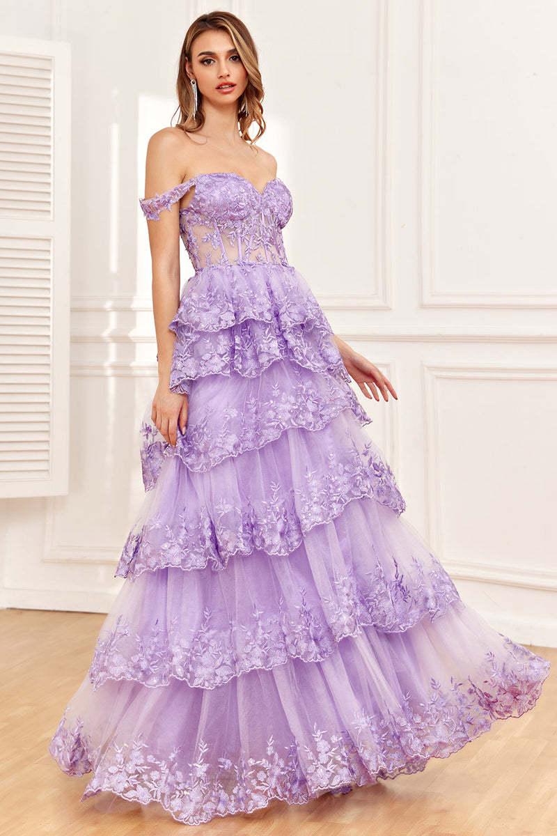 Load image into Gallery viewer, Off the Shoulder Purple Corset Prom Dress with Slit