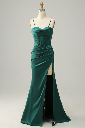 Spaghetti Straps Dark Green Satin Corset Prom Dress