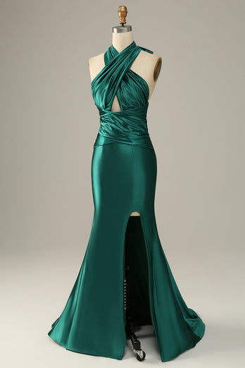 Dark Green Halter Lace-Up Mermaid Prom Dress with Slit