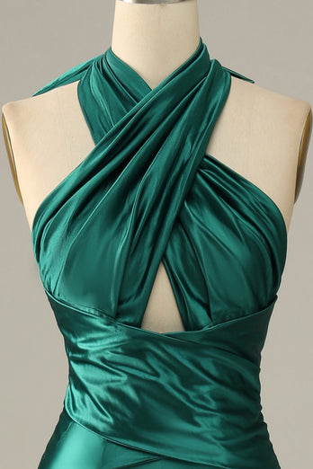 Dark Green Halter Lace-Up Mermaid Prom Dress with Slit