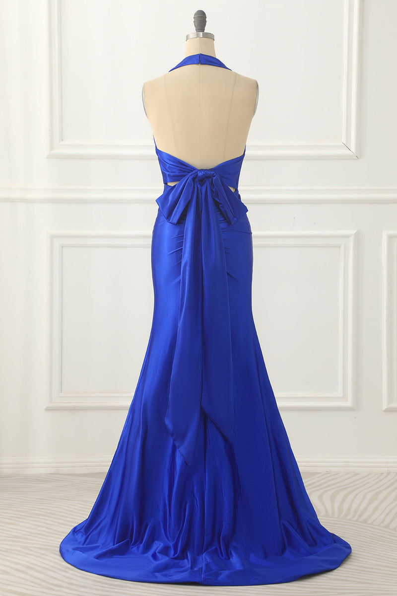 Load image into Gallery viewer, Royal Blue Halter Satin Prom Dress with Bow