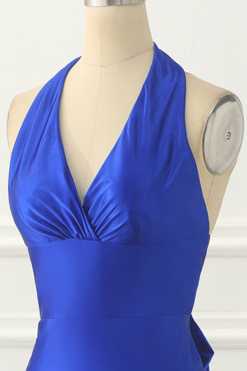 Royal Blue Halter Satin Prom Dress with Bow