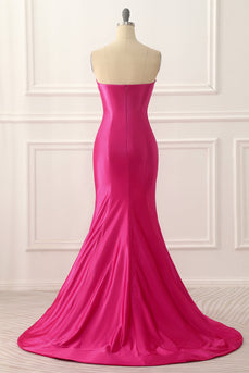 Fuchsia Satin Mermaid Prom Dress with Split Front