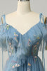 Load image into Gallery viewer, A-Line Spaghetti Straps Grey Blue Long Prom Dress with Embroidery