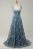 Load image into Gallery viewer, A-Line Spaghetti Straps Grey Blue Long Prom Dress with Embroidery