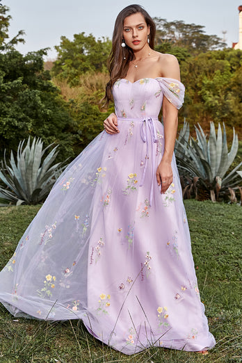 Tulle Lavender Off The Shoulder Long Prom Dress with Embroidery