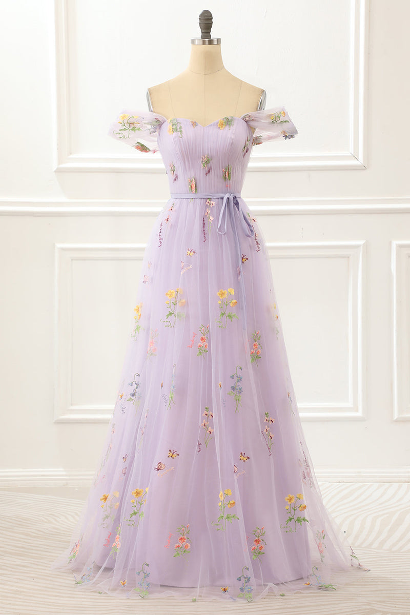 Load image into Gallery viewer, A-Line Tulle Off Shoulder Lavender Long Prom Dress with Embroidery