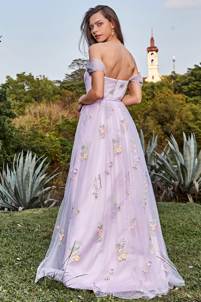 Load image into Gallery viewer, Tulle Lavender Off The Shoulder Long Prom Dress with Embroidery