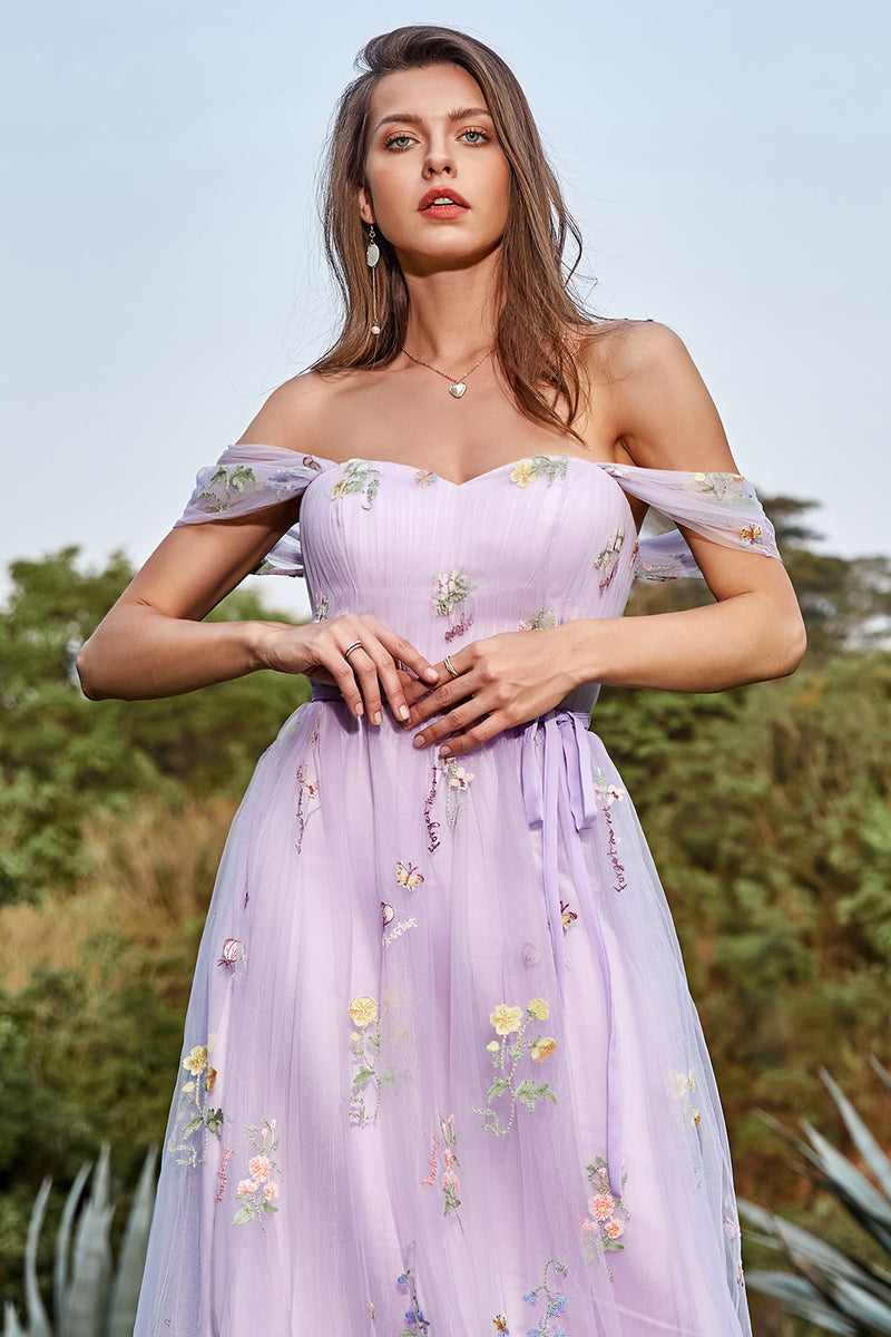 Load image into Gallery viewer, Tulle Lavender Off The Shoulder Long Prom Dress with Embroidery