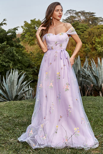 Tulle Lavender Off The Shoulder Long Prom Dress with Embroidery