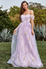 Load image into Gallery viewer, Tulle Lavender Off The Shoulder Long Prom Dress with Embroidery