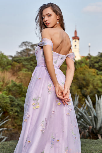 Tulle Lavender Off The Shoulder Long Prom Dress with Embroidery