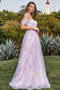 Load image into Gallery viewer, Tulle Lavender Off The Shoulder Long Prom Dress with Embroidery