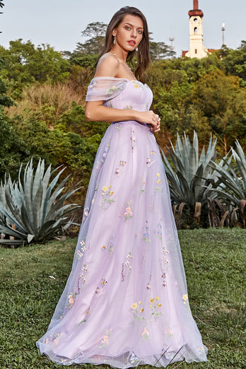 Tulle Lavender Off The Shoulder Long Prom Dress with Embroidery